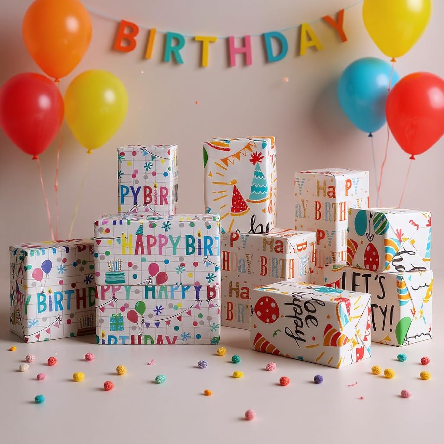 Birthday Wrapping Paper, 3 Mini Roll, 17 Inch X 9.8 Feet, Decorative Happy, Presents And Balloons Design Gift Wrap For Birthday, Party, Holiday, Baby Shower