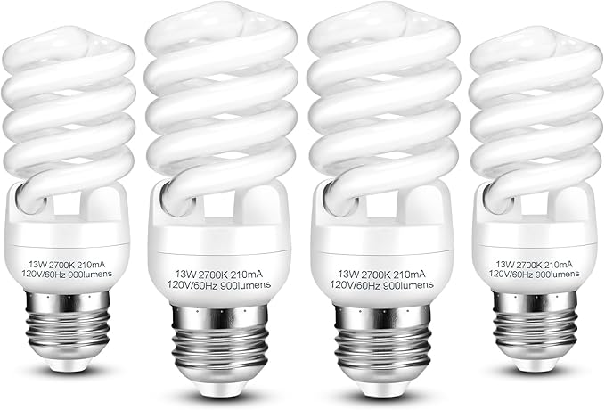 E26 CFL Light Bulbs 13W T2 Spiral 2700K Soft White 900 Lumens 60W Equivalent UL Approved 4 Pack