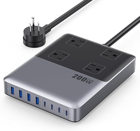 200W GaN USB C Charging Station 12 in 1 Power Strip 4 Outlets 8 USB Ports 5FT Extension Cord