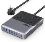 200W GaN USB C Charging Station 12 in 1 Power Strip 4 Outlets 8 USB Ports 5FT Extension Cord