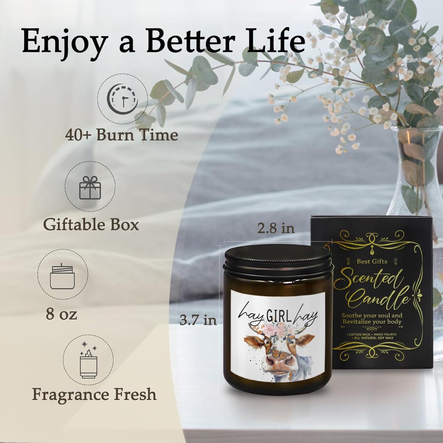 Cow Candle - Cow Themed Birthday Gifts, Scented Candles In Hay & Pine, 8 Oz