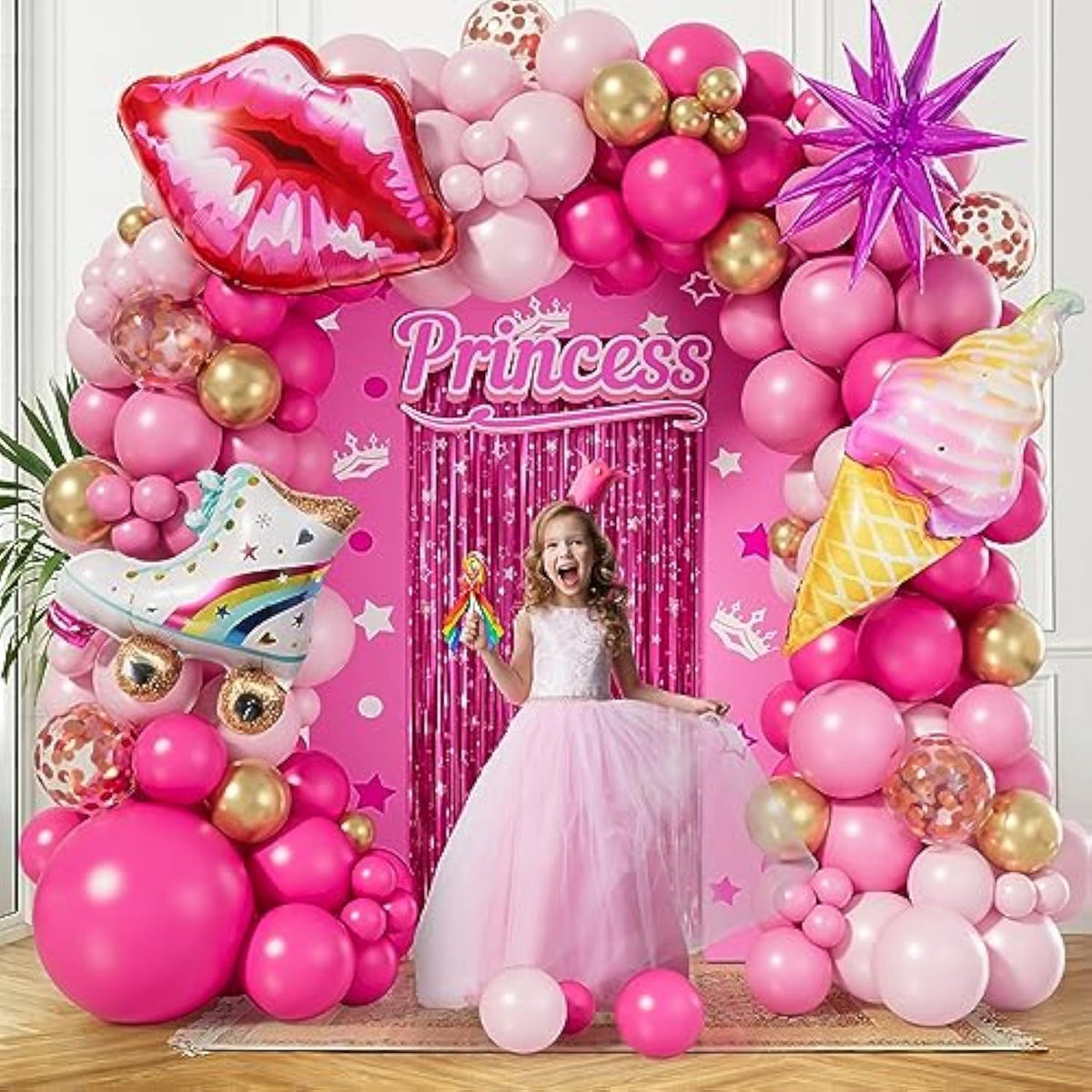 128 Pcs Hot Pink Balloon Arch Kit Gold Star Confetti Party Decorations