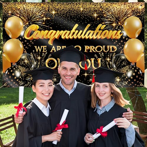 Congratulations Banner - Graduation Decorations for Prom - You Did It - Well Done - We Are So Proud of You - 5x3ft (Black and Gold)