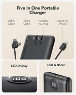 10000mAh Portable Charger with Built-in Cables & AC Plug, Compact Power Bank