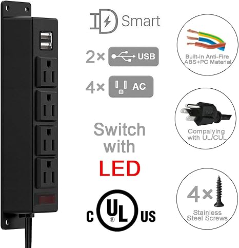 Mountable Power Strip Wall Mount Under Cabinet 4 AC Outlet 2 USB 6.56FT Cord