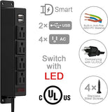 Mountable Power Strip Wall Mount Under Cabinet 4 AC Outlet 2 USB 6.56FT Cord