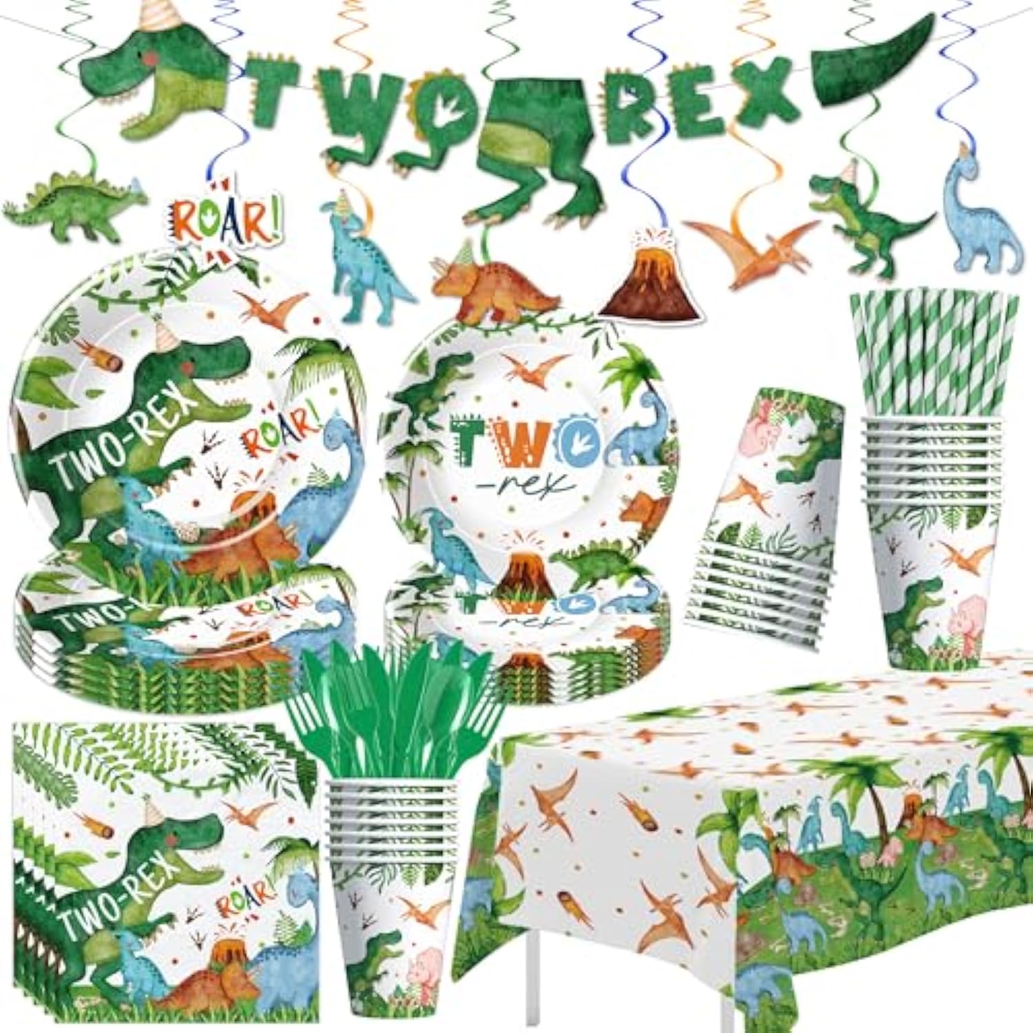 Dinosaur 2Nd Birthday Party Supplies For Boy, Dino Two Rex Birthday Decorations, Disposable Paper Plates, Cups, Napkins, Tablecloth, Cutlery, Swirls, Banner, Serves 24