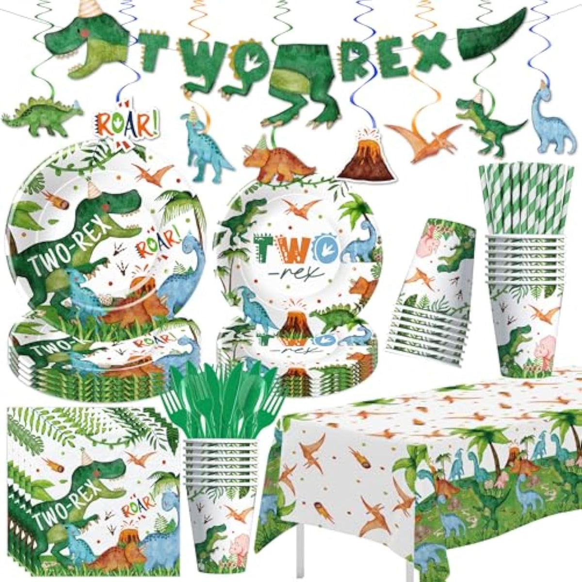 Dinosaur 2Nd Birthday Party Supplies For Boy, Dino Two Rex Birthday Decorations, Disposable Paper Plates, Cups, Napkins, Tablecloth, Cutlery, Swirls, Banner, Serves 24