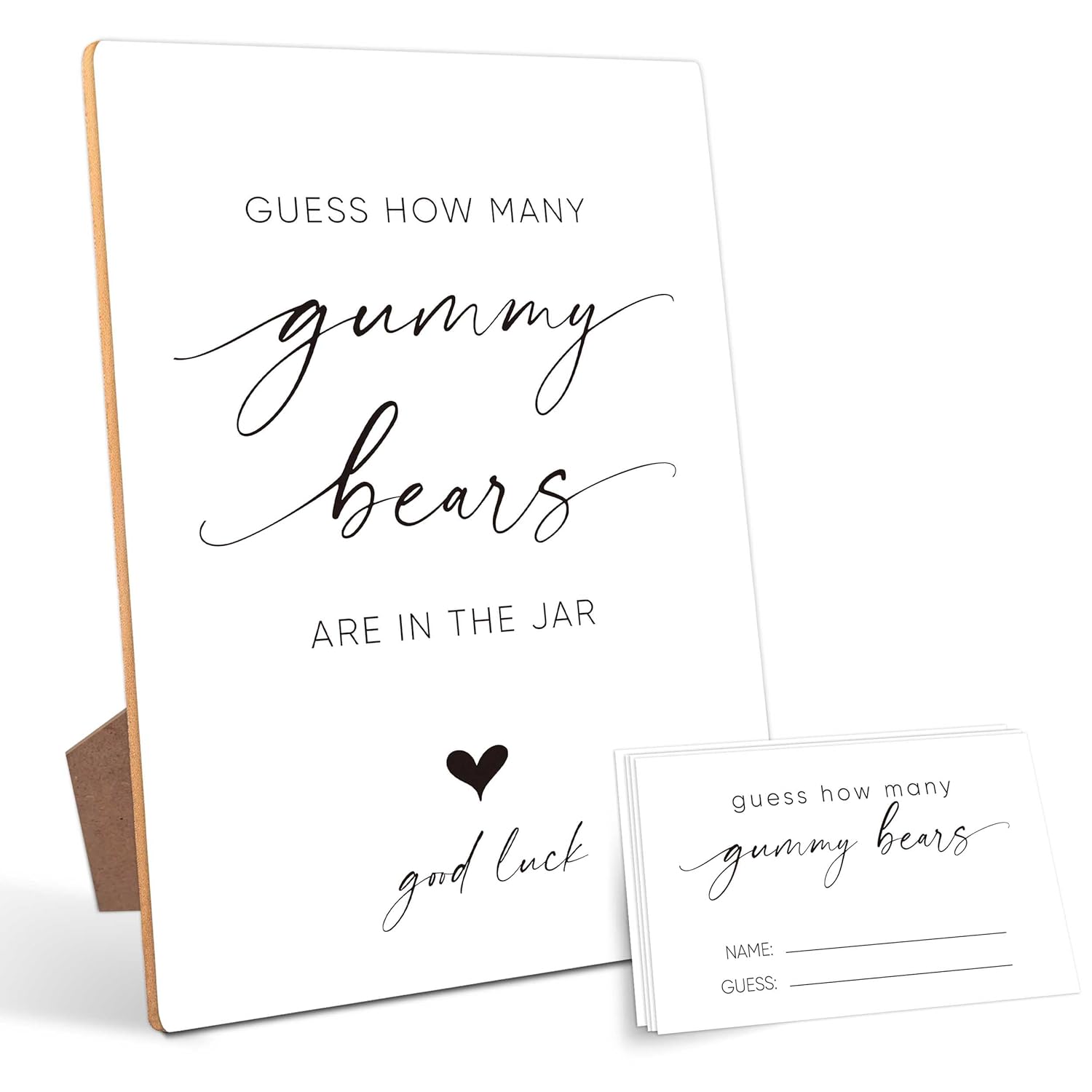 Guess How Many Gummy Bears, Bridal Shower Games, Baby Shower Games, Gender Reveal Decorations, Birthday Party Decorations,1 Wooden Play Sign With Stand And 50 Guess Cards Set