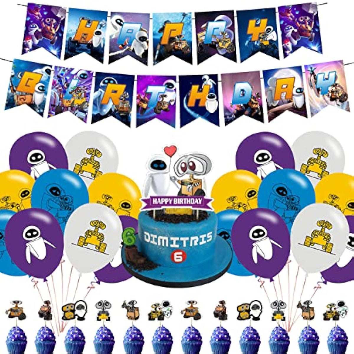 Walle Science Fiction Party Supplies With Happy Birthday Banner, Cupcake Cake Toppers, Balloons For Fans Birthday Party Baby Shower Decorations