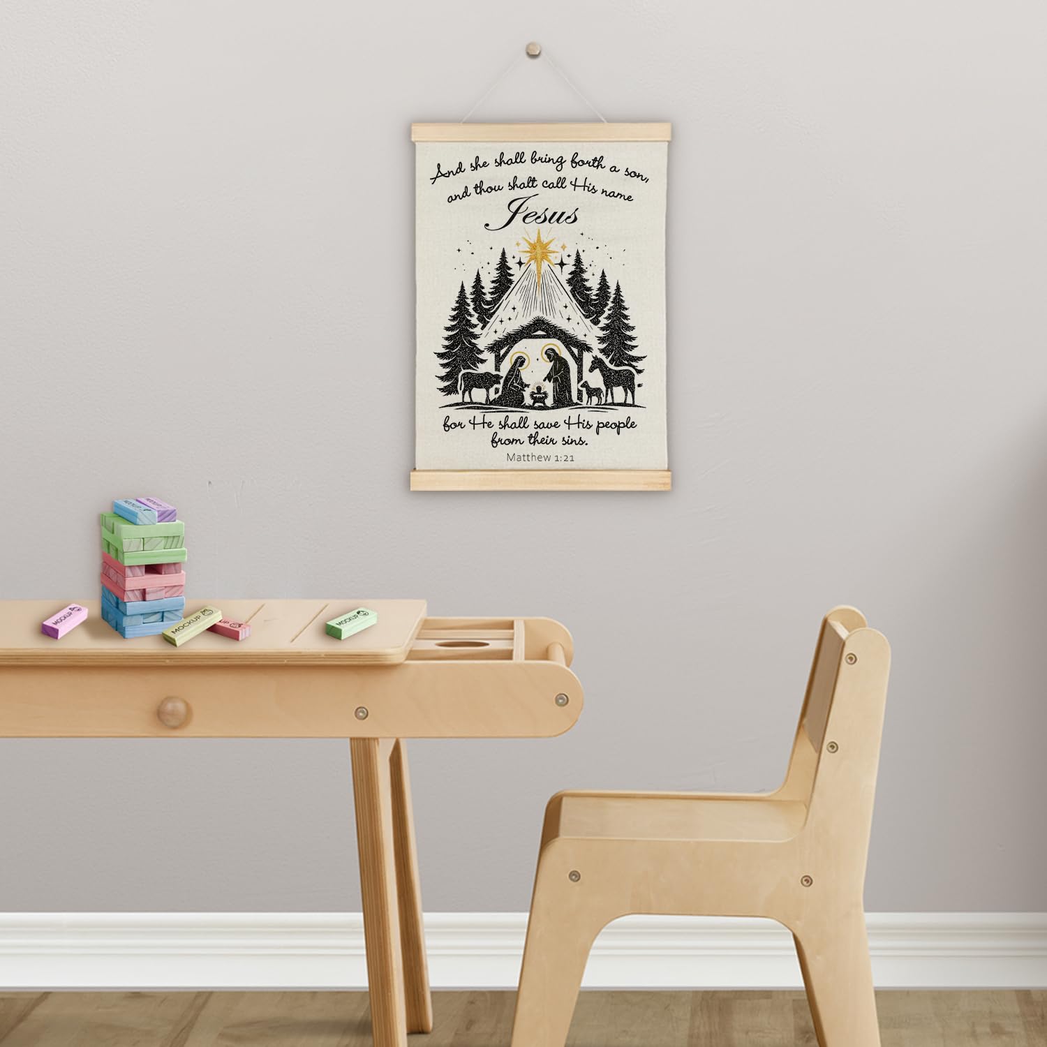 Christian Christmas Nativity Wall Art, Christmas Jesus Birth Wall Decor, Religious Xmas Tree Poster Hanger Frame For Nursery Kids Bedroom Church Home Office Decor, 12X16 Inches