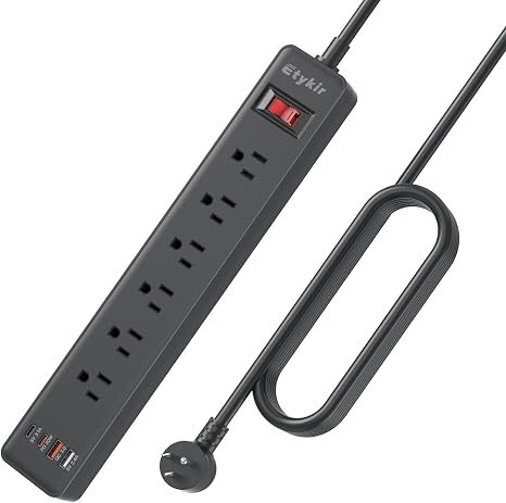 Black Power Strip Surge Protector with 6 Outlets and 4 USB Ports for Garage and Workshop