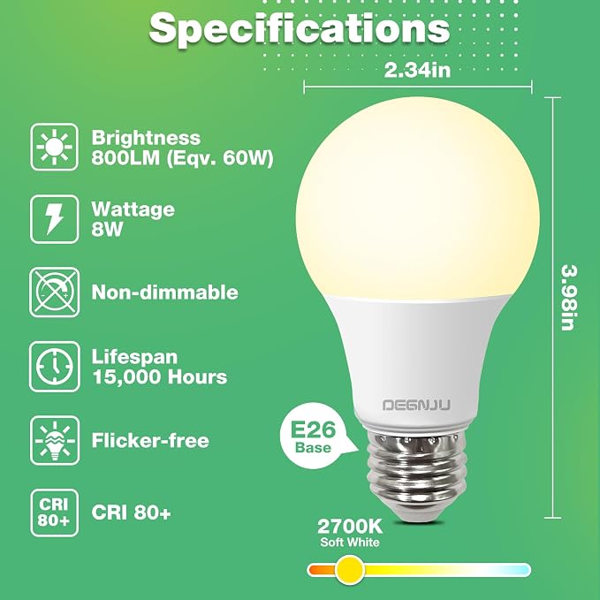 A19 LED Light Bulbs 60 Watt Equivalent Soft White 2700K 800 Lumens E26 Base 12 Pack