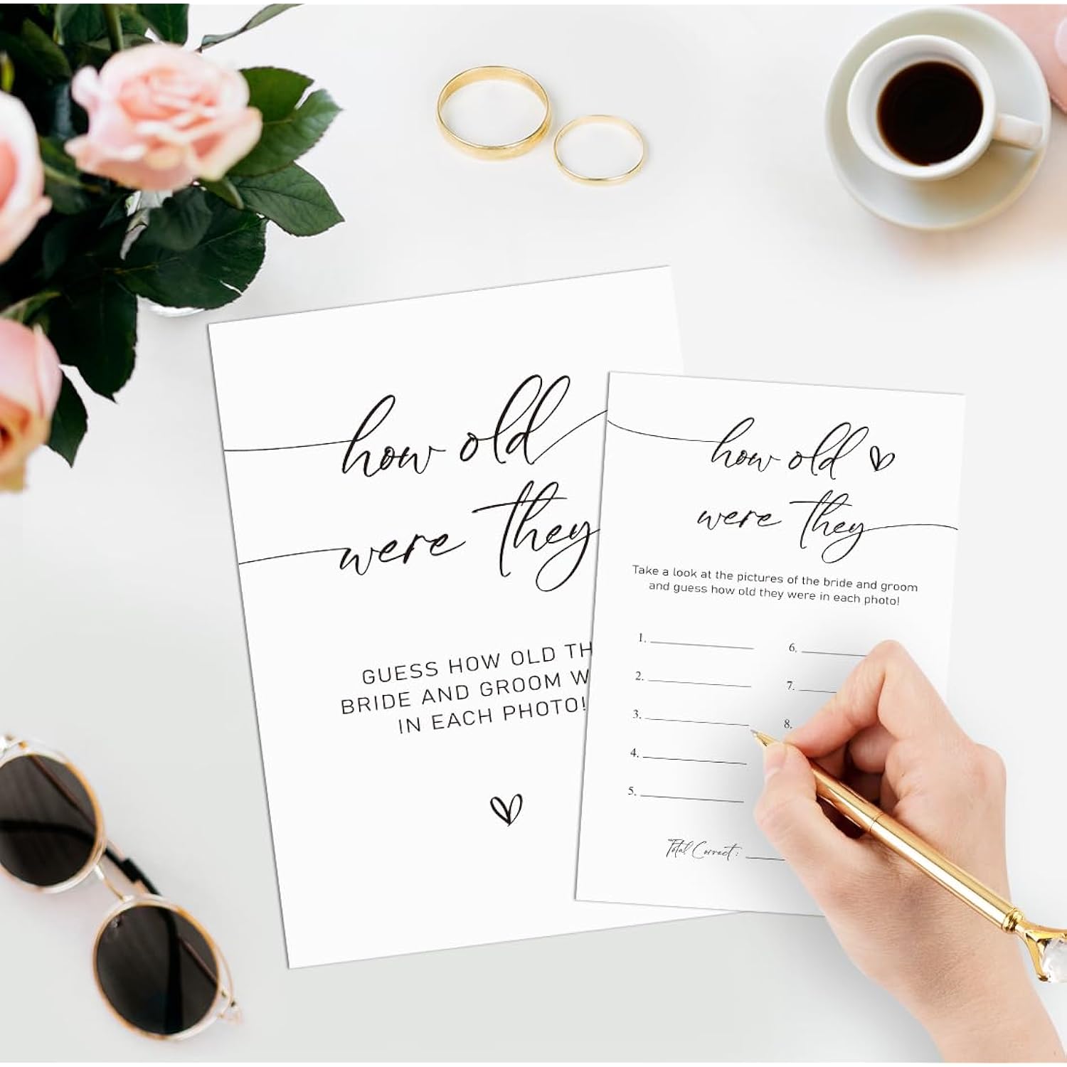 Minimalist How Old Were The Bride And Groom Game, Guessing The Age Photo Game, Modern Bridal Shower Wedding Shower Games (1 Sign And 30 Cards)-Bng06