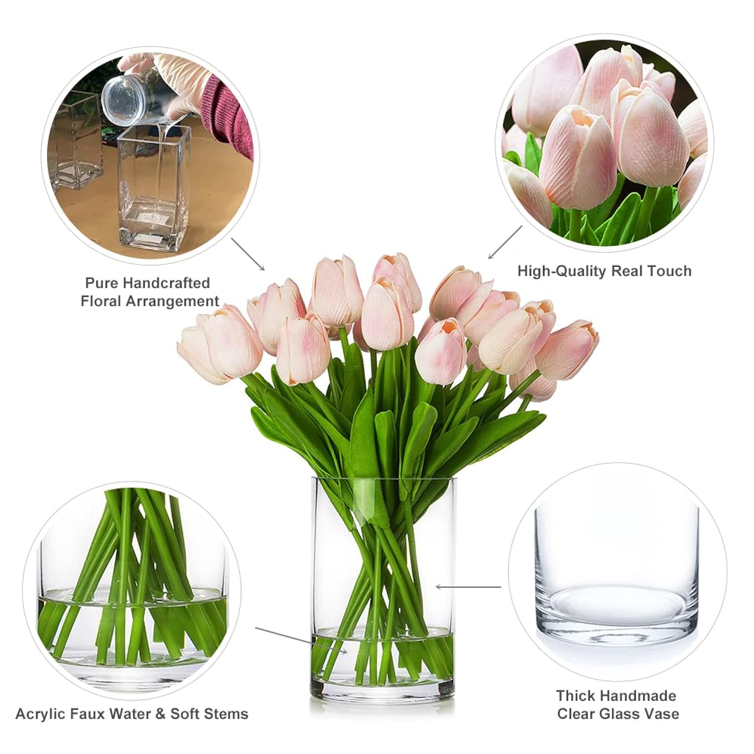 20 Pieces Pink Tulips Artificial Flowers Real Touch In Vase, Fake Tulips Arrangements With Vase And Faux Water For Home Decoration, Dining Table, Wedding Centerpieces (Pink)