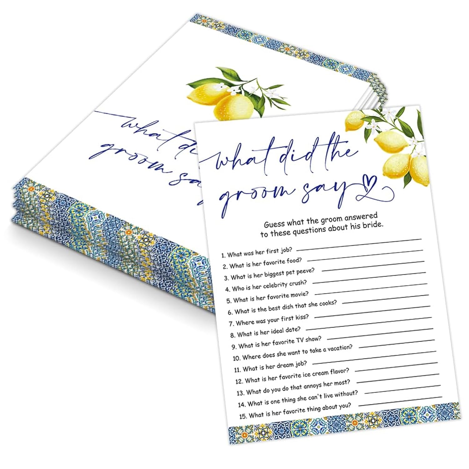 Blue Tiles And Lemons What Did The Groom Say Game For 30 Guests With Game Cards, Lemons Bridal Shower Game, Modern Bridal Shower Decorations, Wedding Shower Or Bachelorette Party Supplies - 02