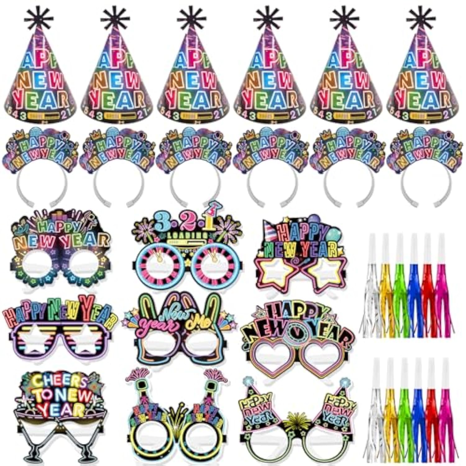 36 Pcs 2026 New Year Party Kit with Glitter Hats, Glasses, Headbands, and Noisemakers