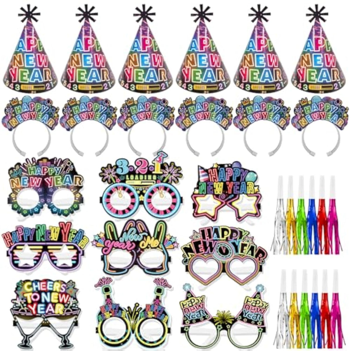 36 Pcs 2026 New Year Party Kit with Glitter Hats, Glasses, Headbands, and Noisemakers