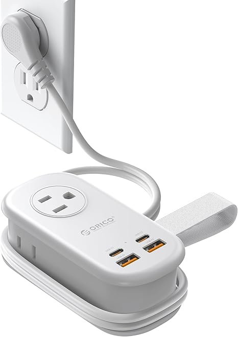 65W GaN Travel Power Strip 3 Outlets 4 USB Ports USB C 4FT Flat Plug Extension Cord White
