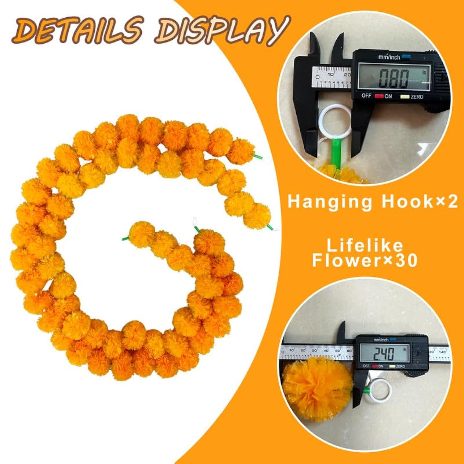 Artificial Marigold Garland, Golden Yellow 5 Feet Long Faux Flowers For Dia De Los Muertos Decorations, Pooja, Diwali, Indian Decor (4 Pieces,Orange)