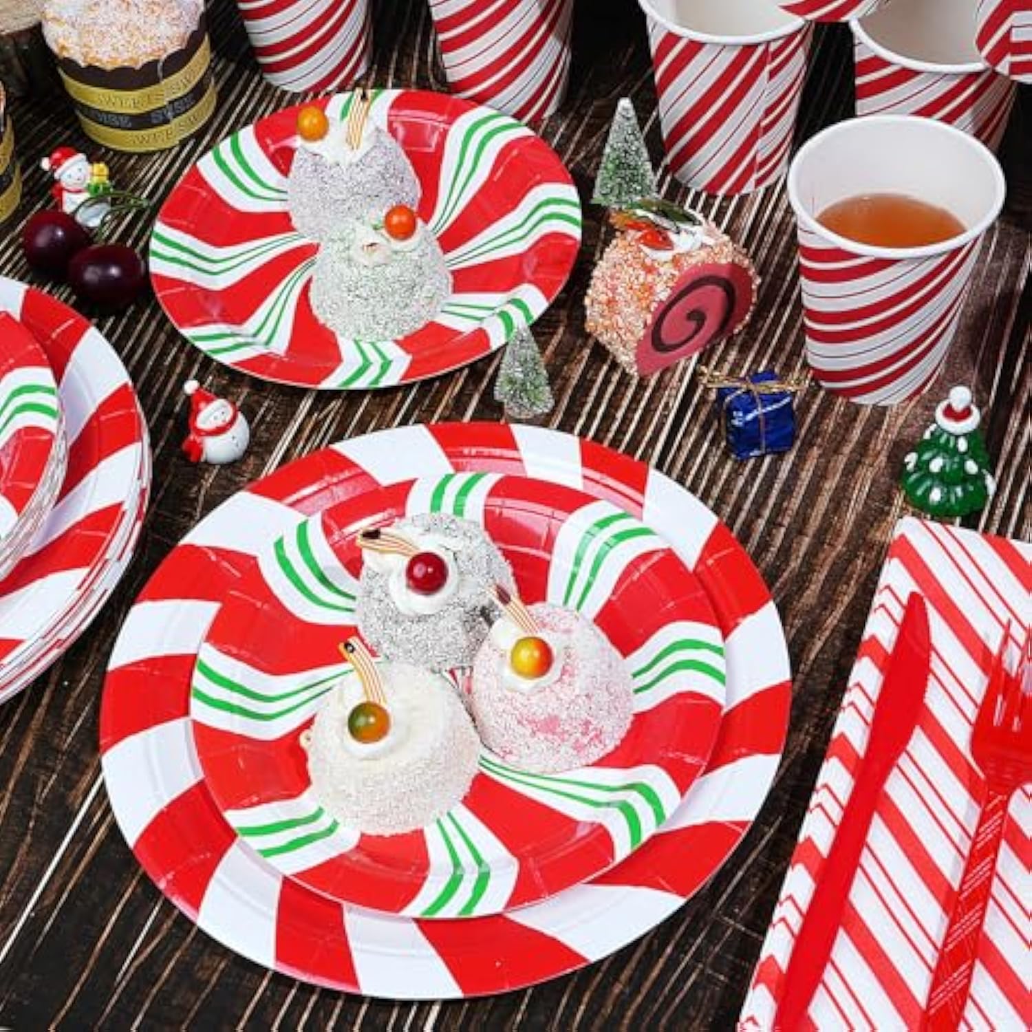 Candy Cane Party Plates Supplies - Peppermint Swirl Red Green Paper Plate Napkins Cup Knives Spoon Fork - Serve 50 For Christmas Holiday Party Decorations