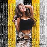 4 Pack 3.2Ft X 9.8Ft Black Gold Silver Fringe Curtain Backdrop, Metallic Tinsel Foil Fringe Streamers Curtains Background For Wedding Notorious One Birthday Roaring 20S Graduation Party Decoration