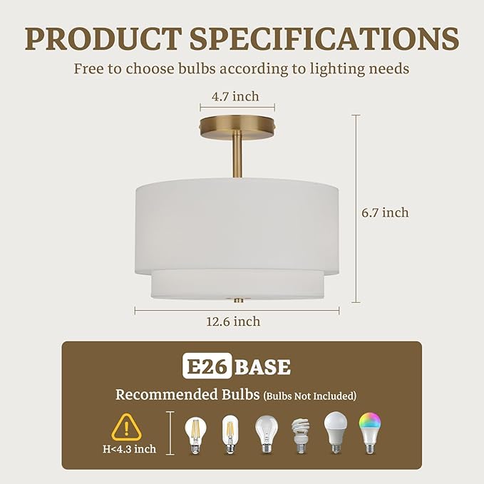 12.6 Inch Gold Semi Flush Ceiling Light 2 Layer White Shade Nursery Fixture