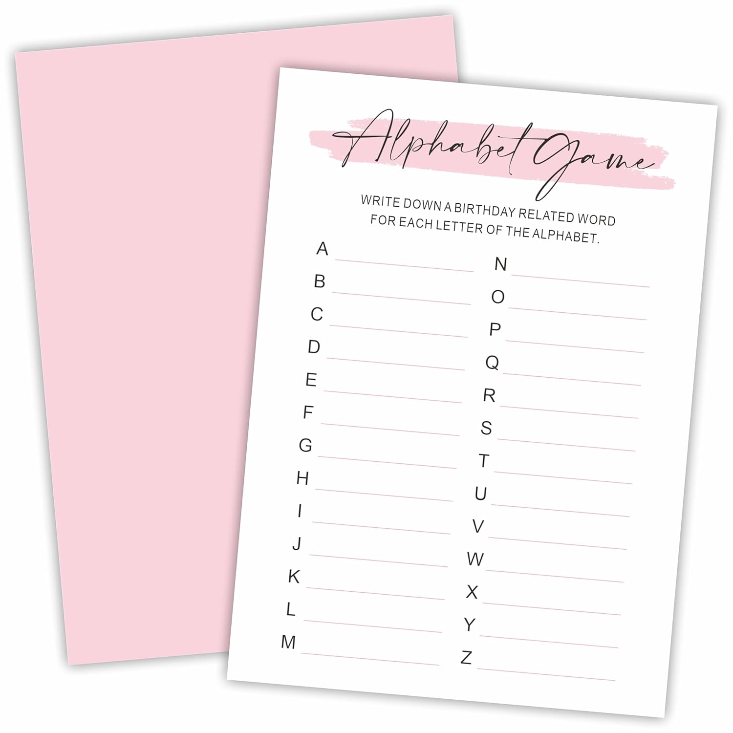 Minimalism Birthday Party Game Cards - Alphabet Game - 20 Blush Double-Sided Fill In Style Birthday Party Game Cards For Adults, Party Supplies & Activities - A07