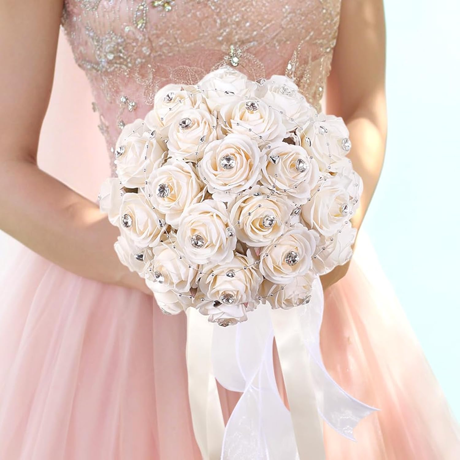 Wedding Bouquets For Bride, Rhinestone Wedding Flowers Bridal Bridesmaid Bouquets Artificial Flower With Silk Ribbon Light Champagne Toss Rose Holding Flower For Civil Ceremony Prom Party