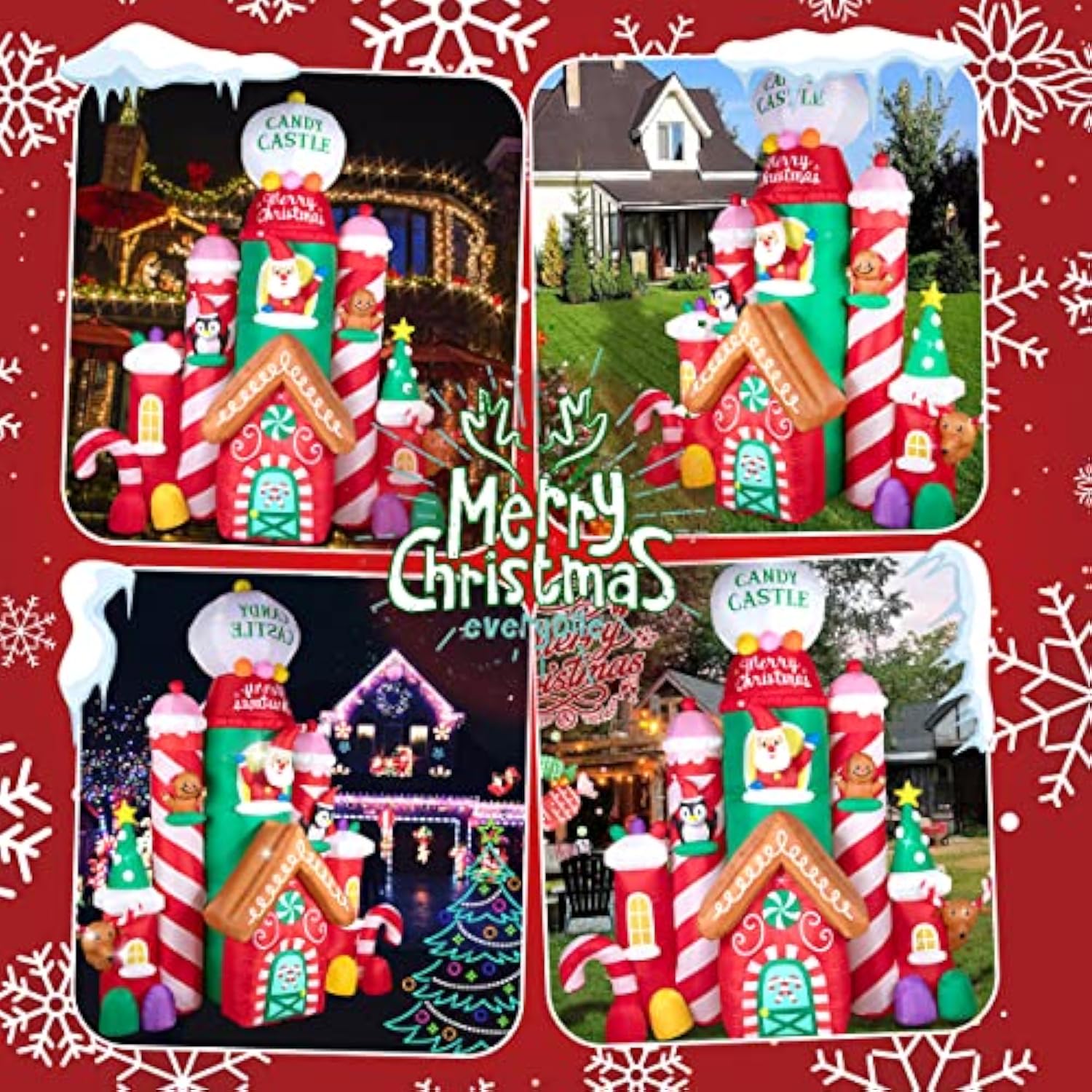 10 Ft Christmas Inflatable Decorations,Gaint Candy Castle Inflatable With Santa,Reindeer,Penguin,Gingerbread - Blow Up Y
