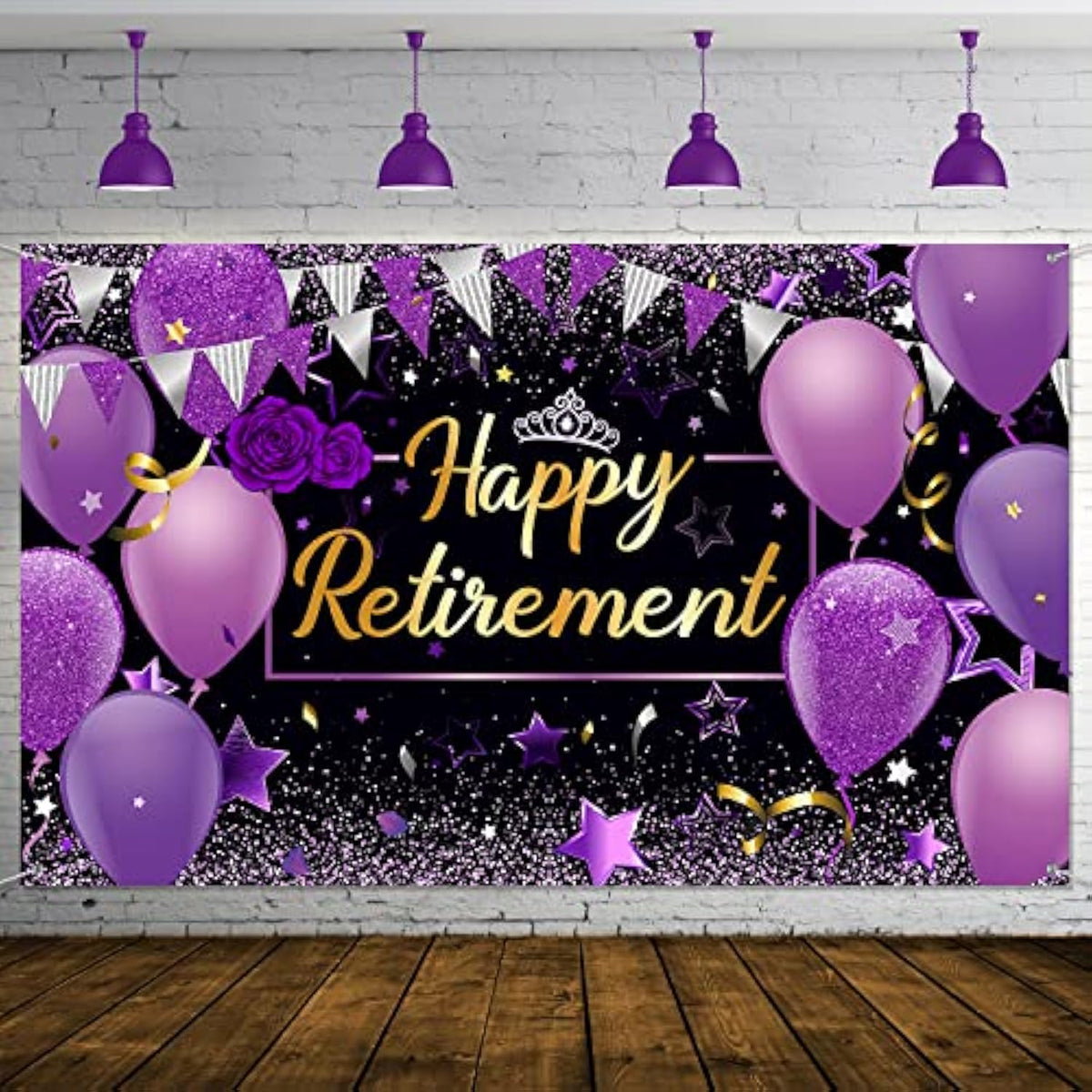 Retirement Party Decorations, Extra Large Fabric Retire Sign Banner Photo Booth Backdrop Background With Rope For Retirement Party Favor(72.8 X 43.3 Inches,Purple And Black)