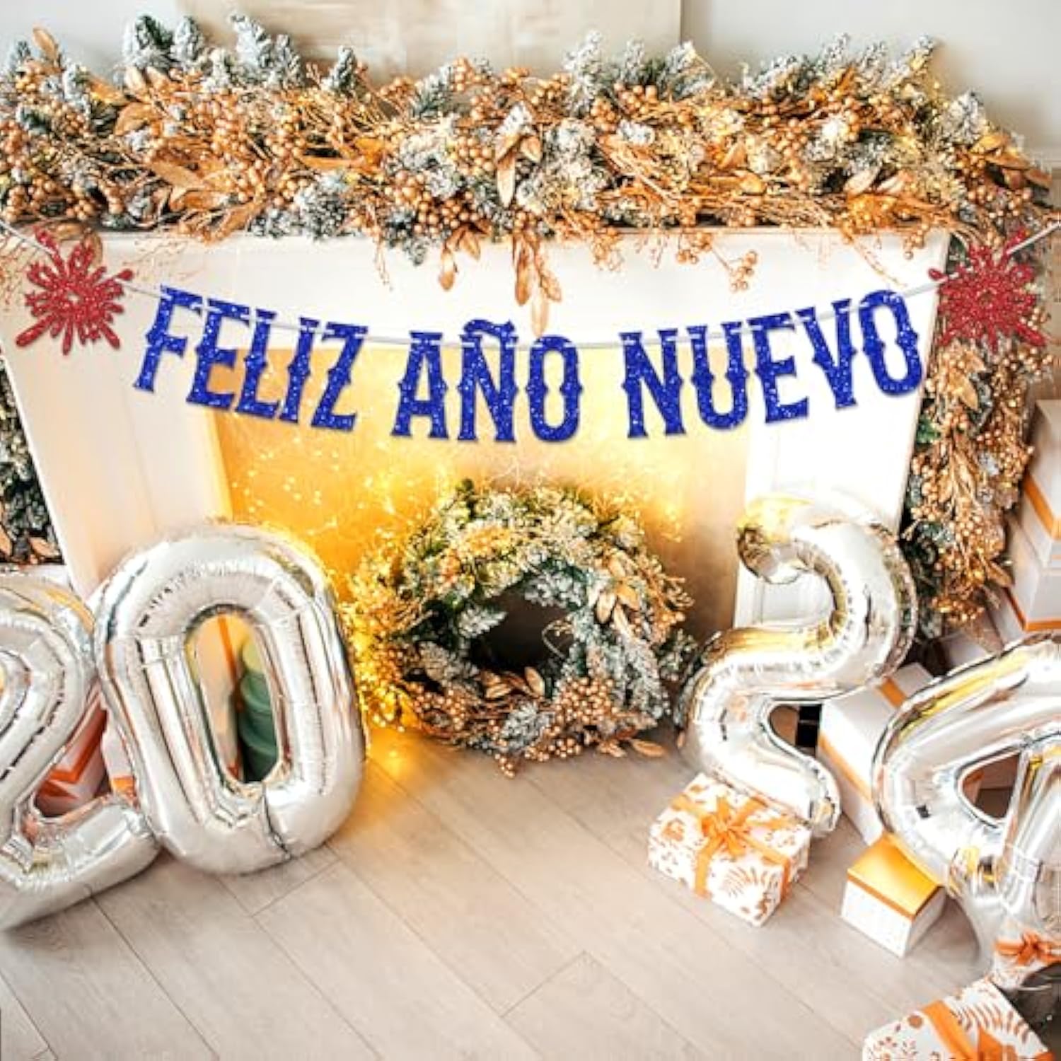 Feliz Anos Nuevo Banner Spanish 2025 Red Blue Glitter Party Decoration