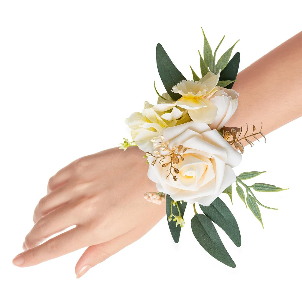 Set Of 2 Wrist Corsage Wristlet For Wedding Bridesmaid Mother Grandmother For Bridal Shower Wedding Artificial Roses Flower Prom (Champagne)