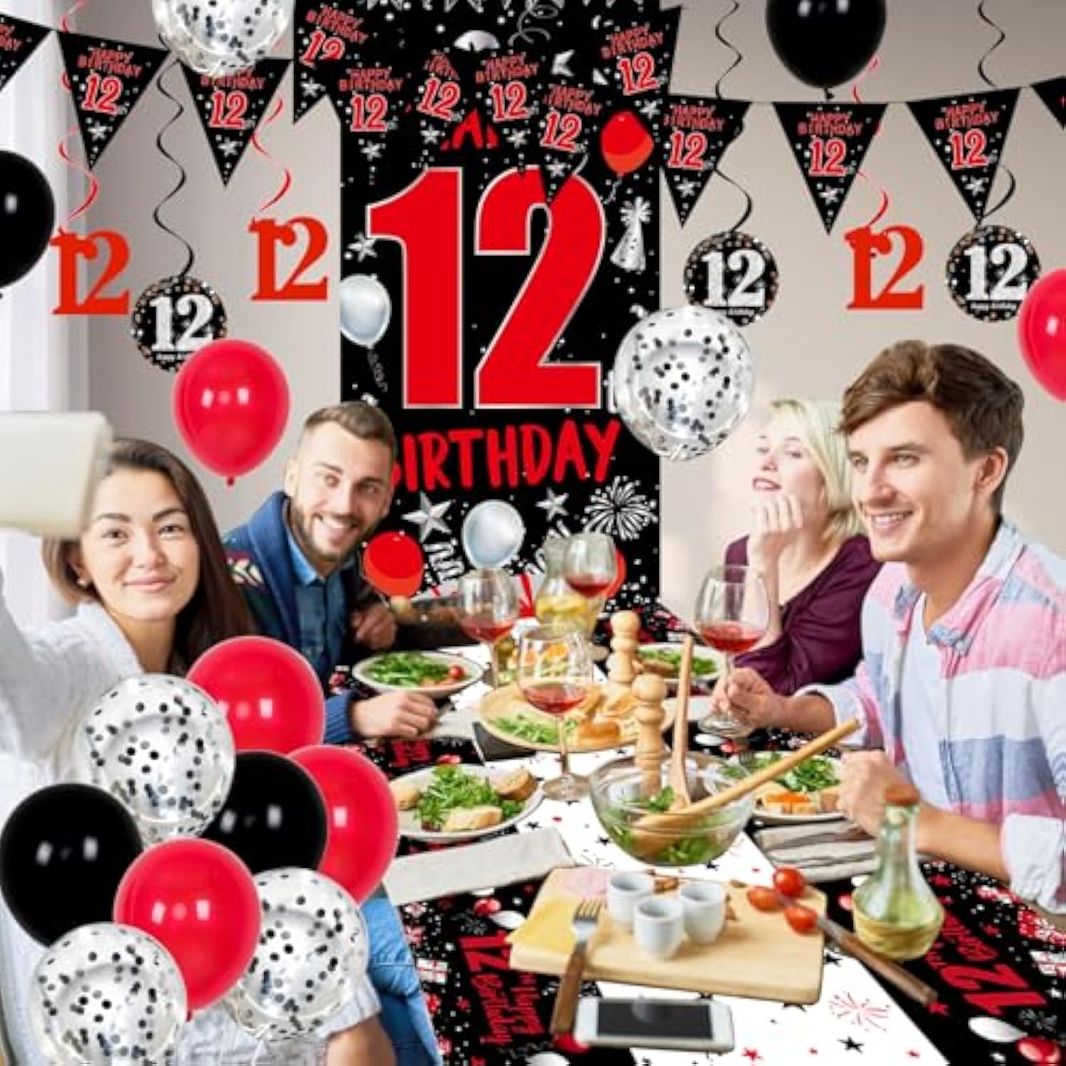 12Th Birthday Decorations For Boys Girls, Red Black Happy 12Th Birthday Decorations Boy Girl, Happy 12 Bday Banner Backdrop Balloons Tablecover Triangle Flag, 12 Year Old Boy Bday Party Supplies Decor