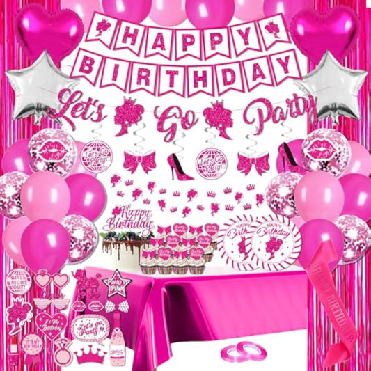 Pink Birthday Party Decorations For Girls - (Total 85Pcs) Pink Glitter Happy Birthday Banner For Her, Hanging Swirl, Foil Backdrops, Balloons, Pink Birthday Decor For 10Th 13Th 16Th 18Th 21St