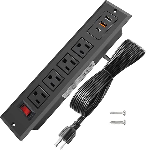 20W Recessed Mountable Power Strip with 4 AC Outlets and USB C Ports for Conference Desk and Workbench