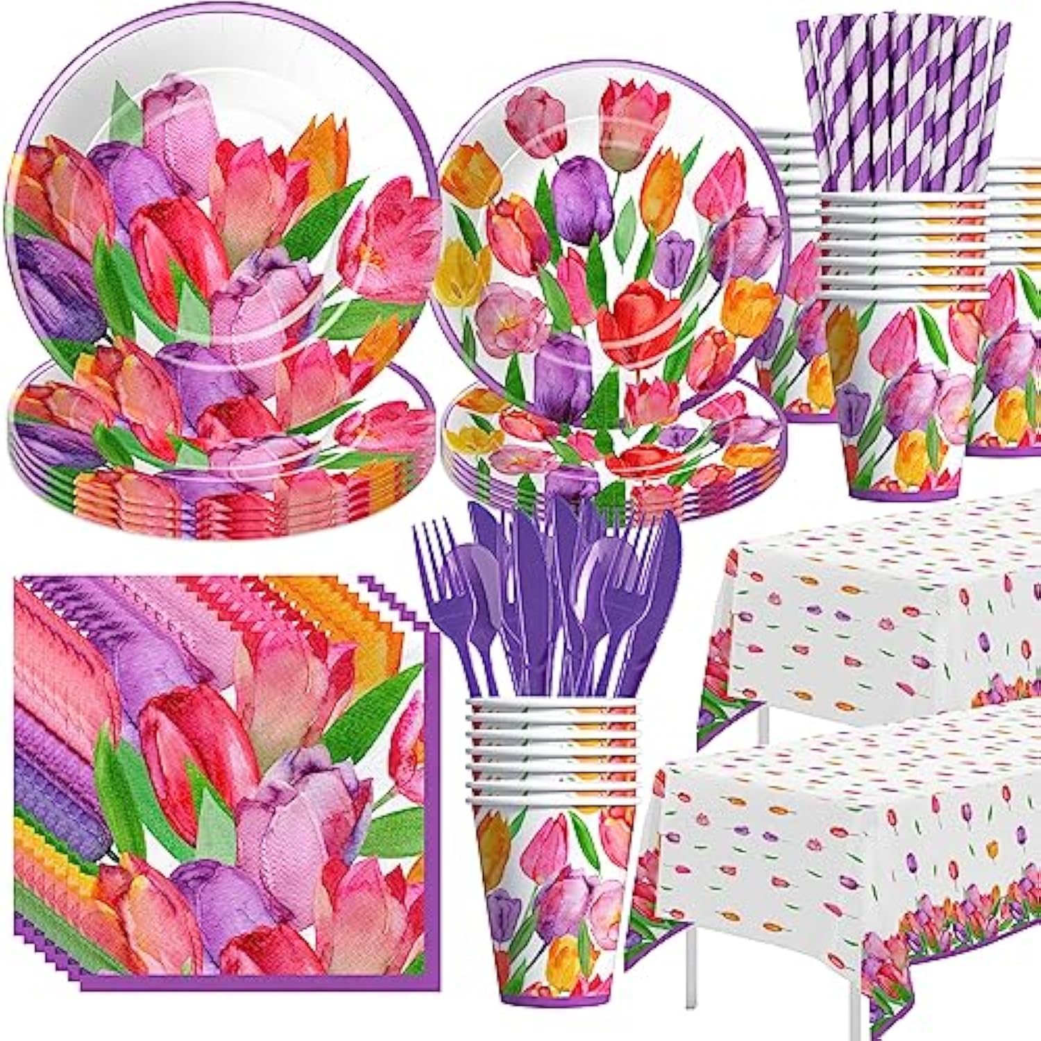Tulip Floral Party Decorations Tableware, Spring Summer Tulip Flower Party Supplies For Birthday Baby Shower Tea, Paper Plate, Cup, Napkin, Tablecloth, Cutlery | Serve 24