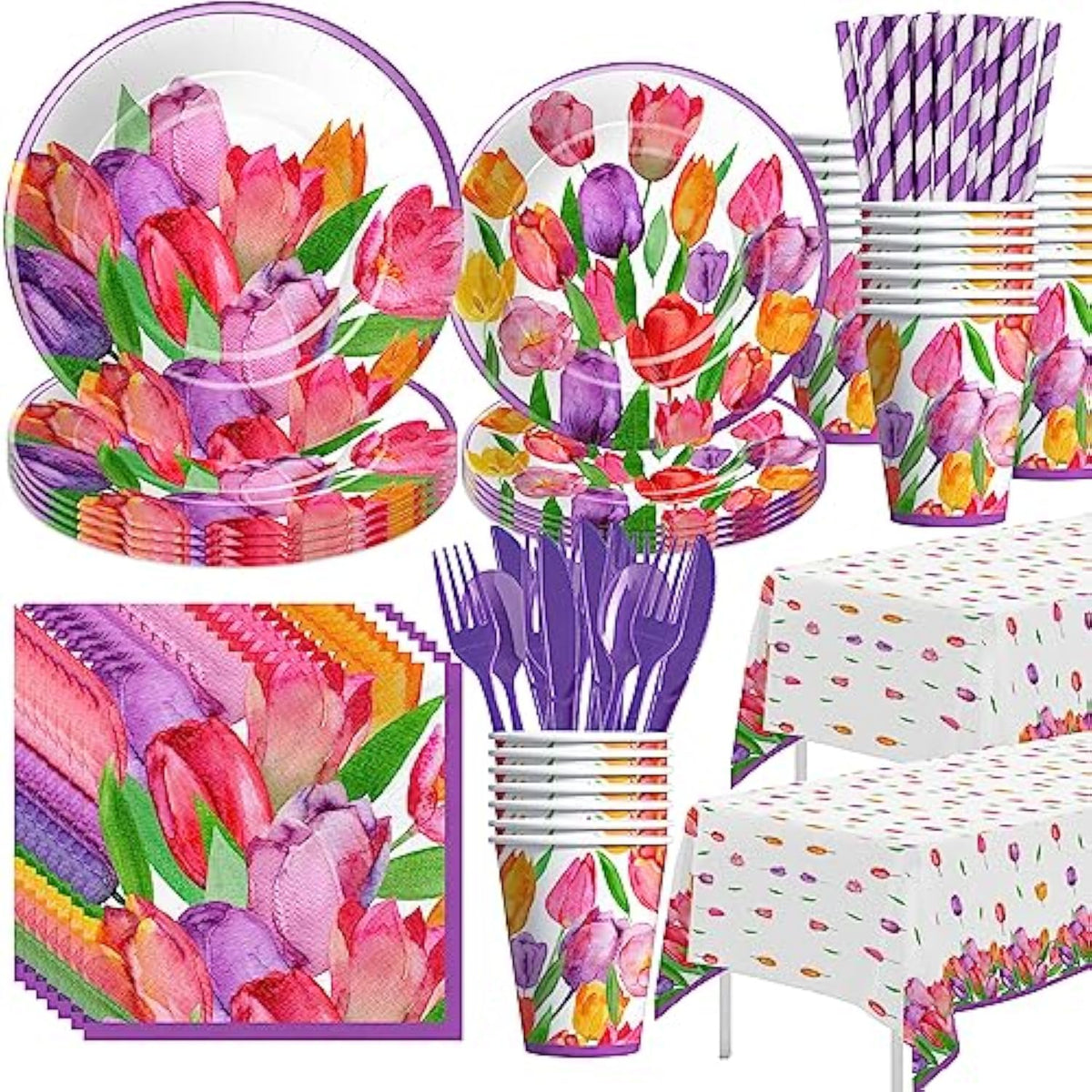 Tulip Floral Party Decorations Tableware, Spring Summer Tulip Flower Party Supplies For Birthday Baby Shower Tea, Paper Plate, Cup, Napkin, Tablecloth, Cutlery | Serve 24