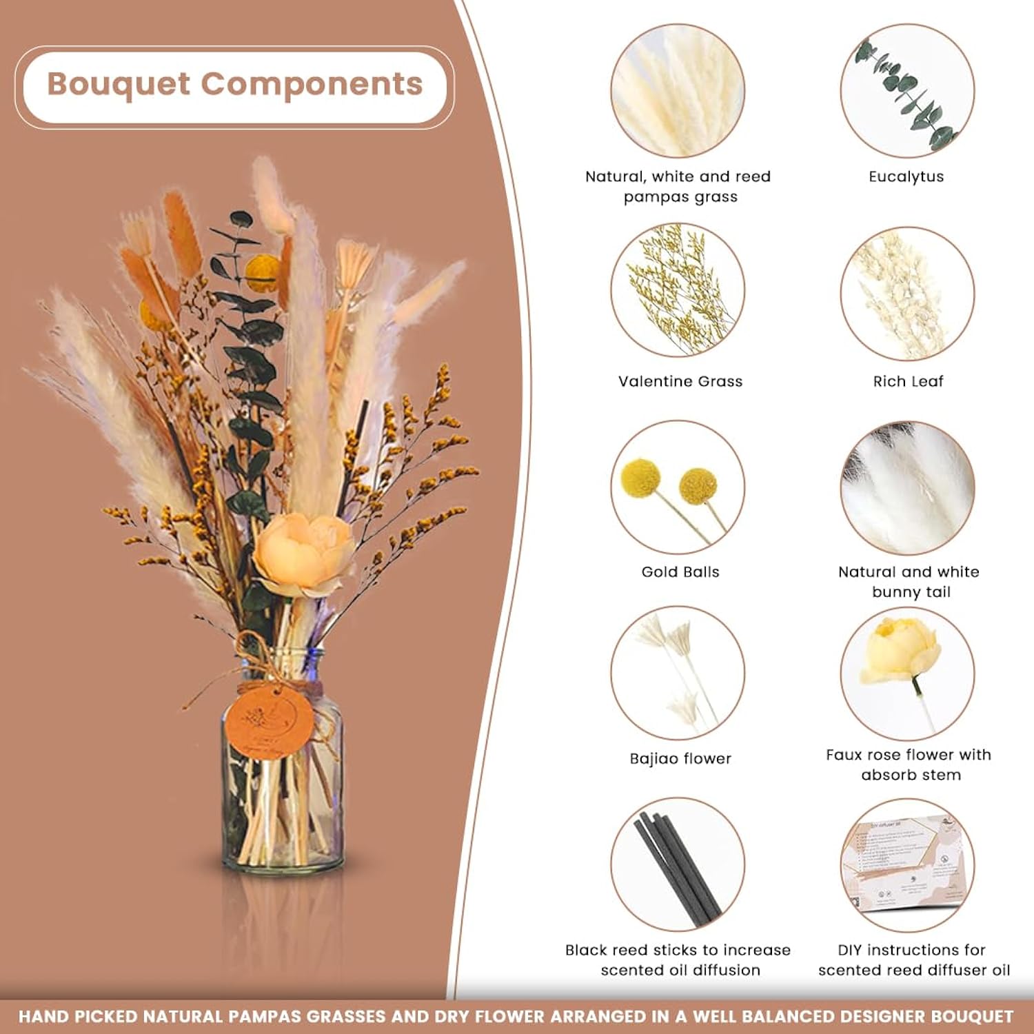 Homey Breeze Natural Dried Pampas Grass Decor With Vase - 15 Inches 23 Pcs 10 Styles, Pampas Grass With Vase Included - Small Pampas Grass For Home Decor, Wedding, Party, Birthday
