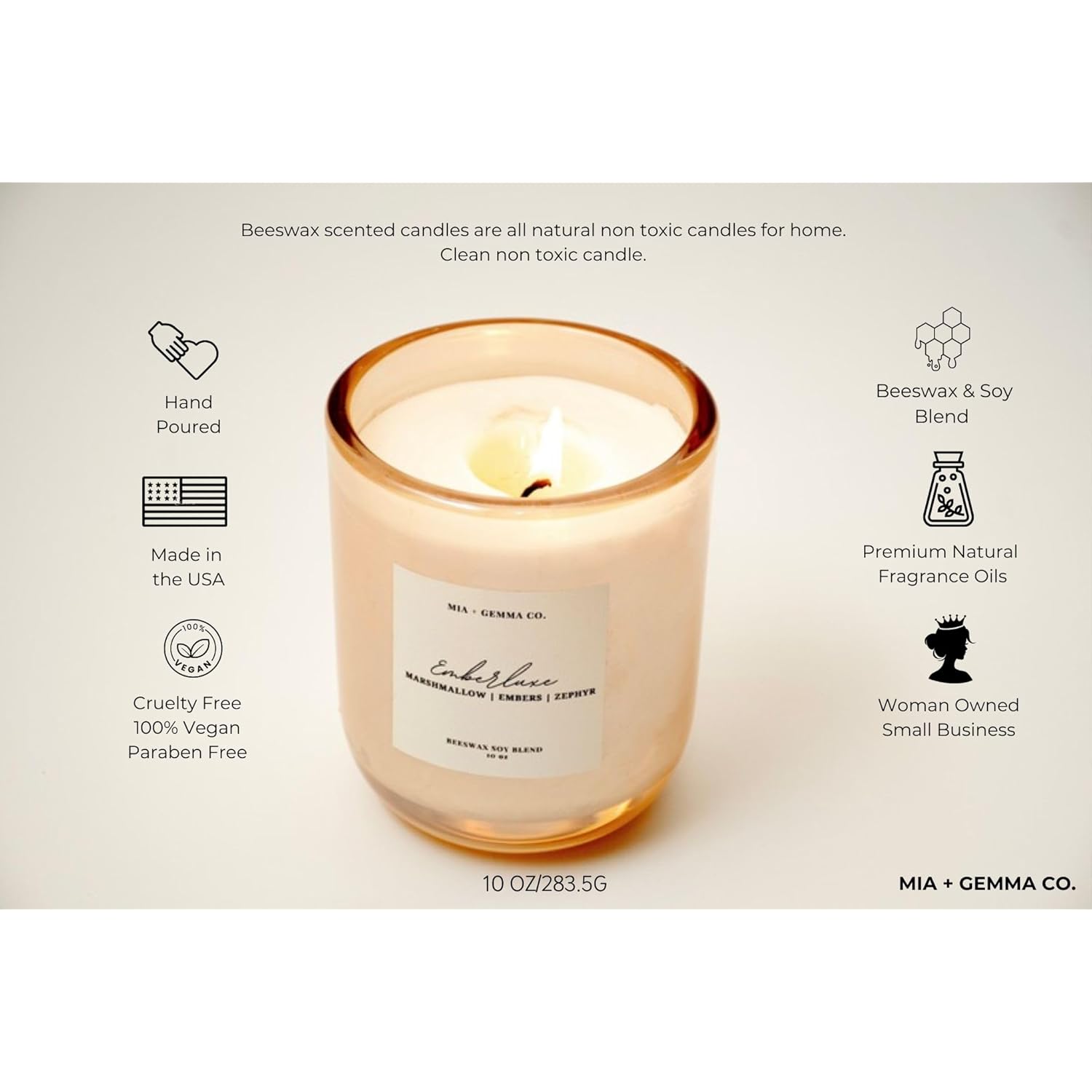 Emberluxe | Marshmallow Fireside Scented | Beeswax Soy Blend Candle | 10Oz Non Toxic & Cruelty Free Cotton Wick 65+ Hours Clean Burn Handcrafted Home Décor Gifts For Fall Holidays