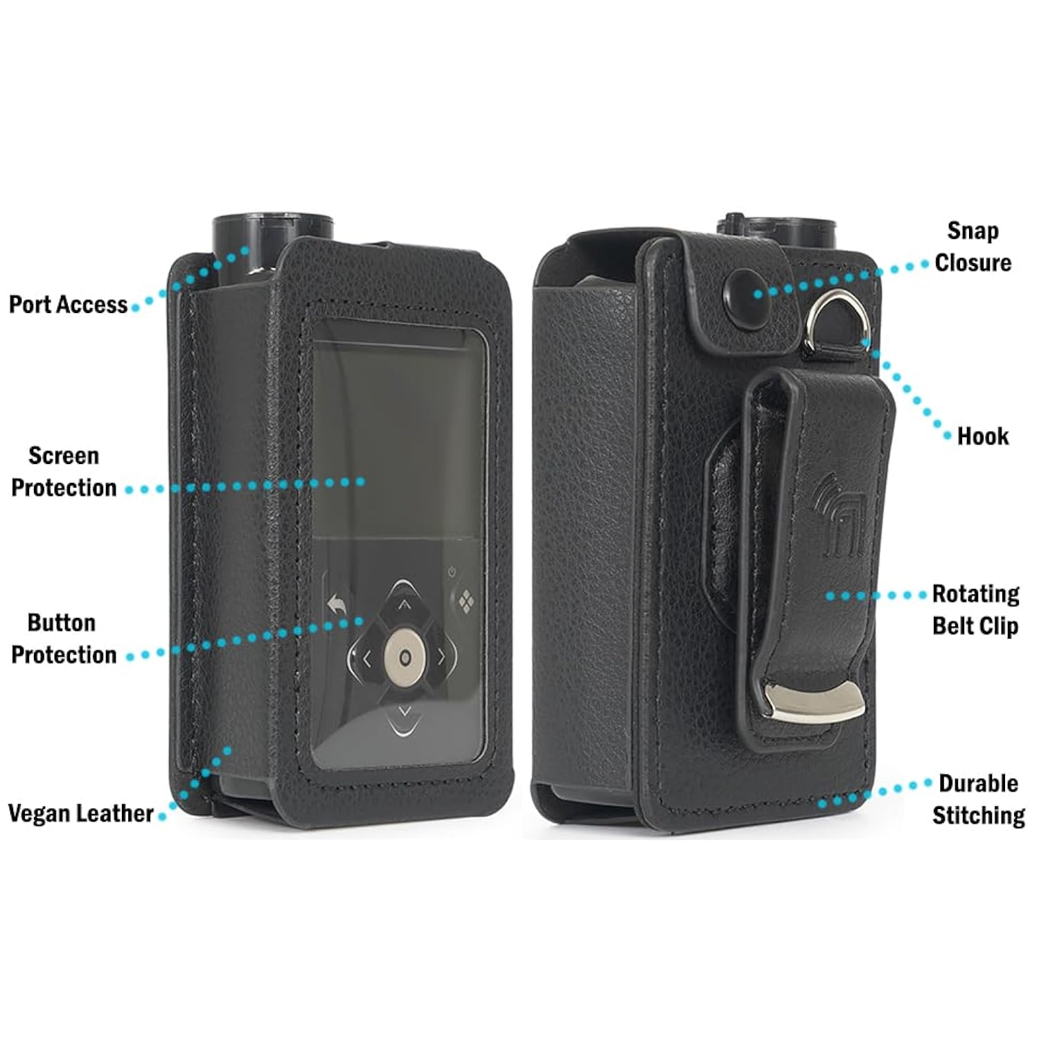 Case for Medtronic MiniMed 780G 770G 670G 630G 640G Insulin Pump, Form-Fit Cover [Built-in Screen Protection] and [Rotating Metal Belt Clip] - Black Vegan Leather
