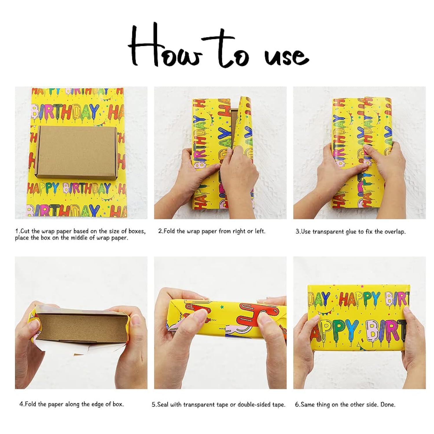 Yellow Happy Birthday Wrapping Paper Set Of 6 Sheets Folded Flat 20X28 Inches Per Sheet For Kids Girls Boys Men Women, Bright Color Happy Birthday Letter Like Balloons With Stars And Flags For All Birthday Occassions