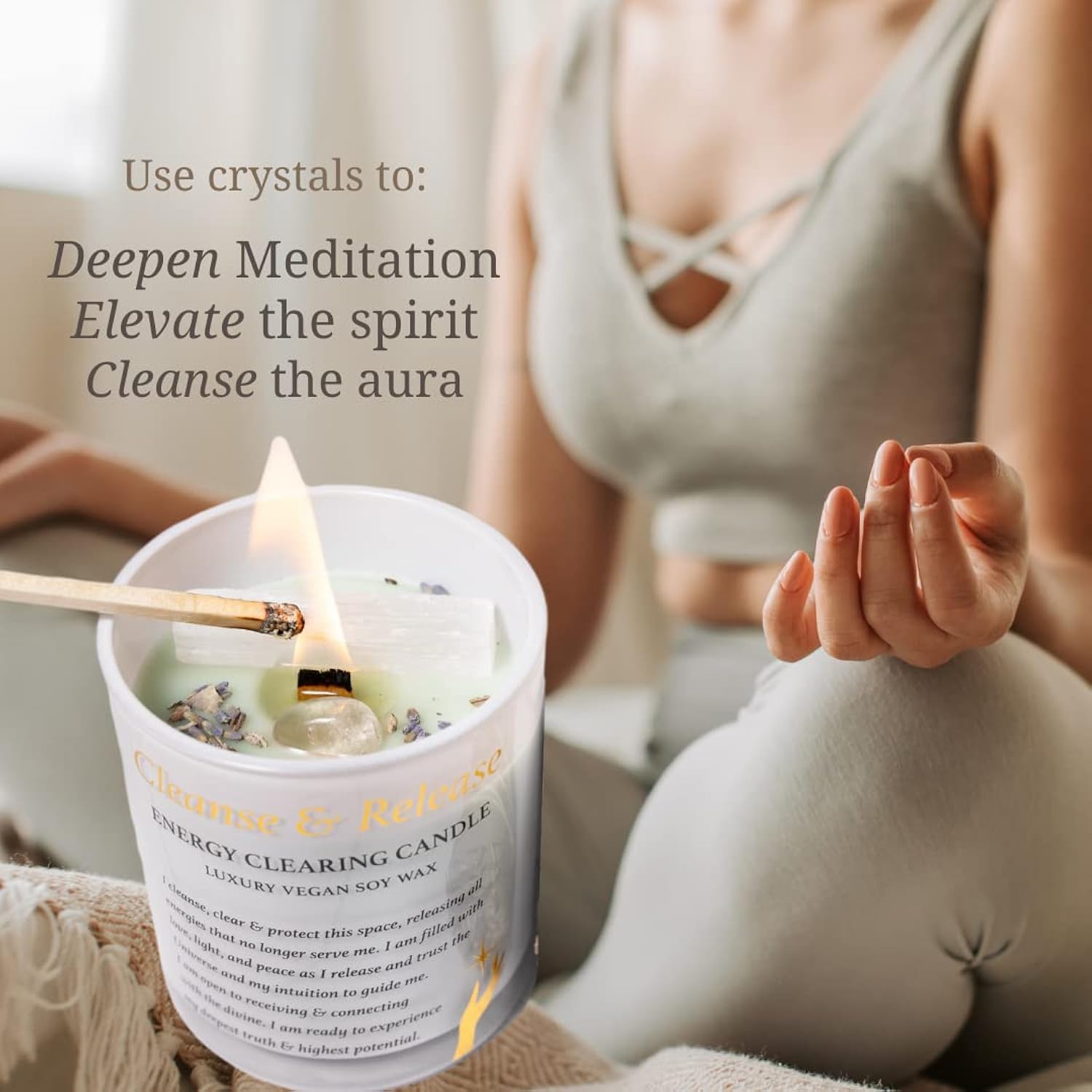 Sage Candles For Cleansing – White Sage Smudge Wood Wick Candles That Crackle With Selenite Crystal & Quartz For Home Rituals & Manifestation