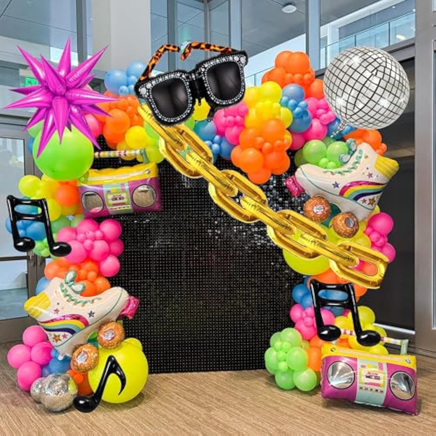 90S 80S Disco Theme Party Decorations, 171Pcs Balloon Arch Kit With Retro Disco Ball Radio Glasses Roller Skate Musical Note Chain Star Foil Balloons For Back To 90S 80S Hip Hop Birthday Supplies
