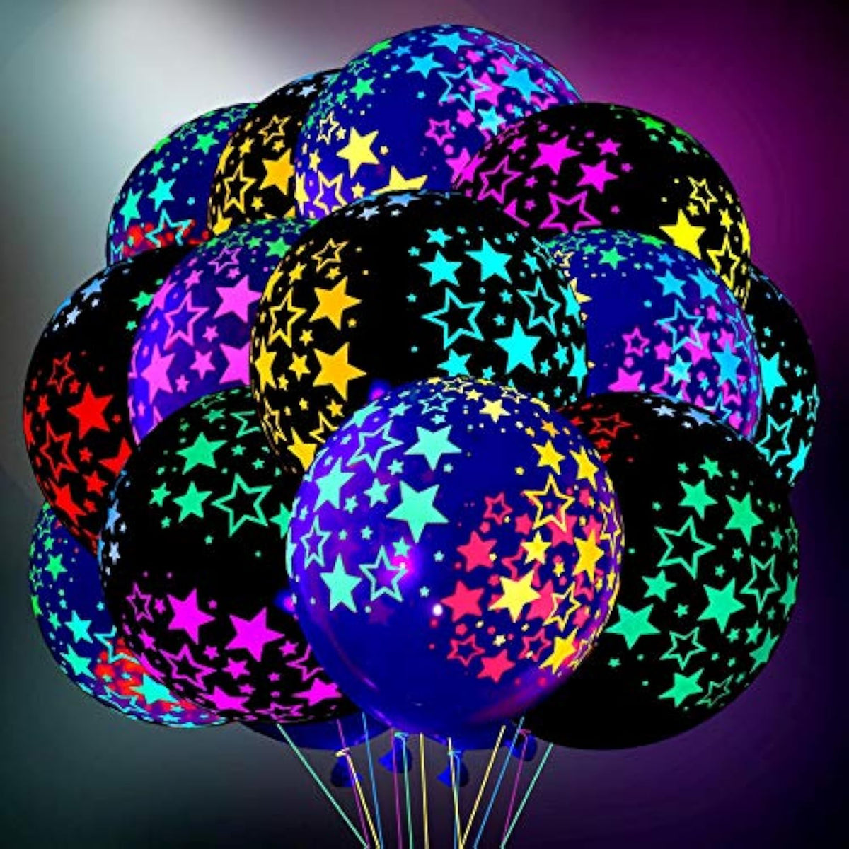 50 Pieces Neon Glow Balloons Neon Stars Glow In Blacklight Black Light Fluorescent Mini Stars Party Latex Balloons For Birthday Wedding Arch Party Decoration(Black, Clear)