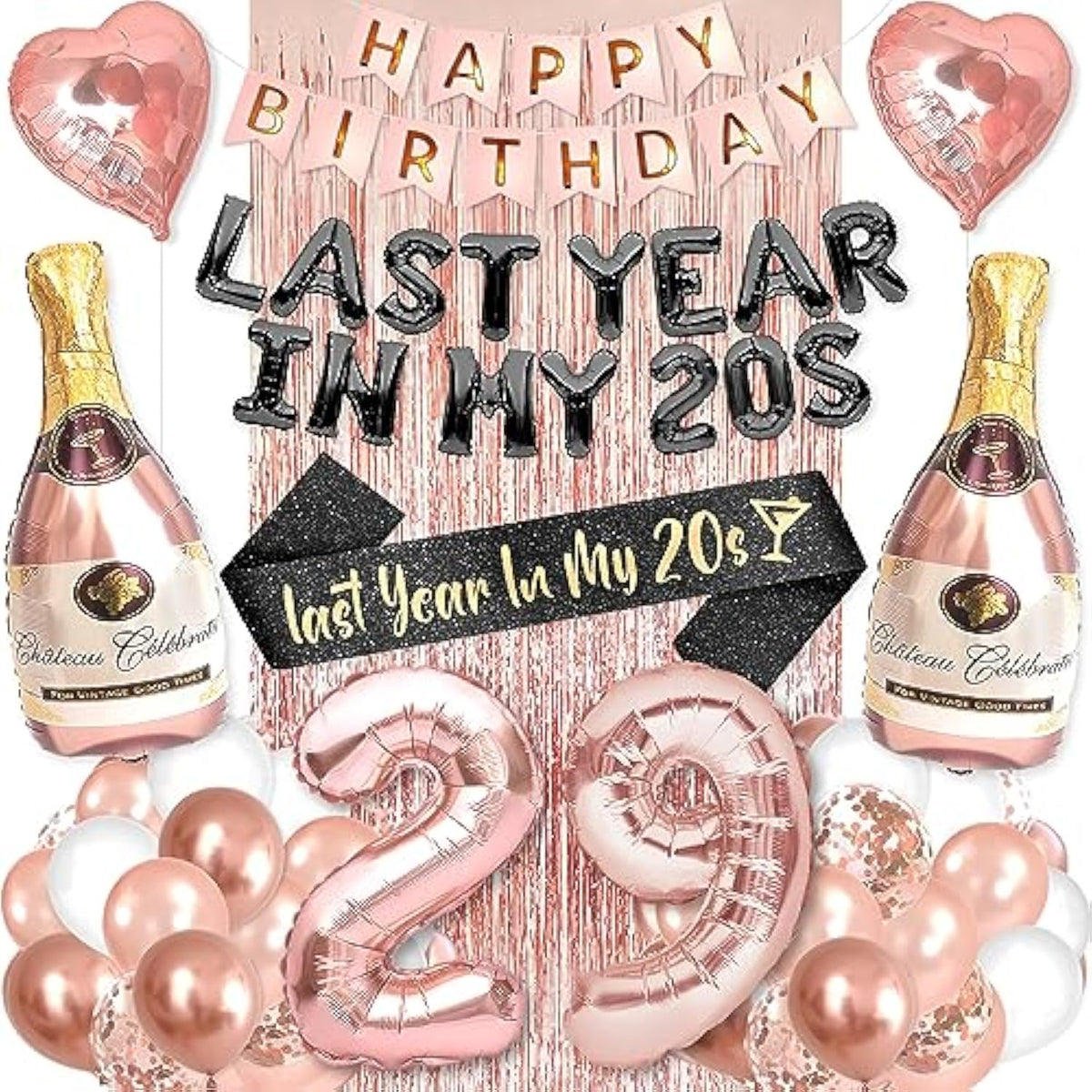 38pcs Rose Gold 29th Birthday Decorations for Women, with Banner, Sash & Balloons