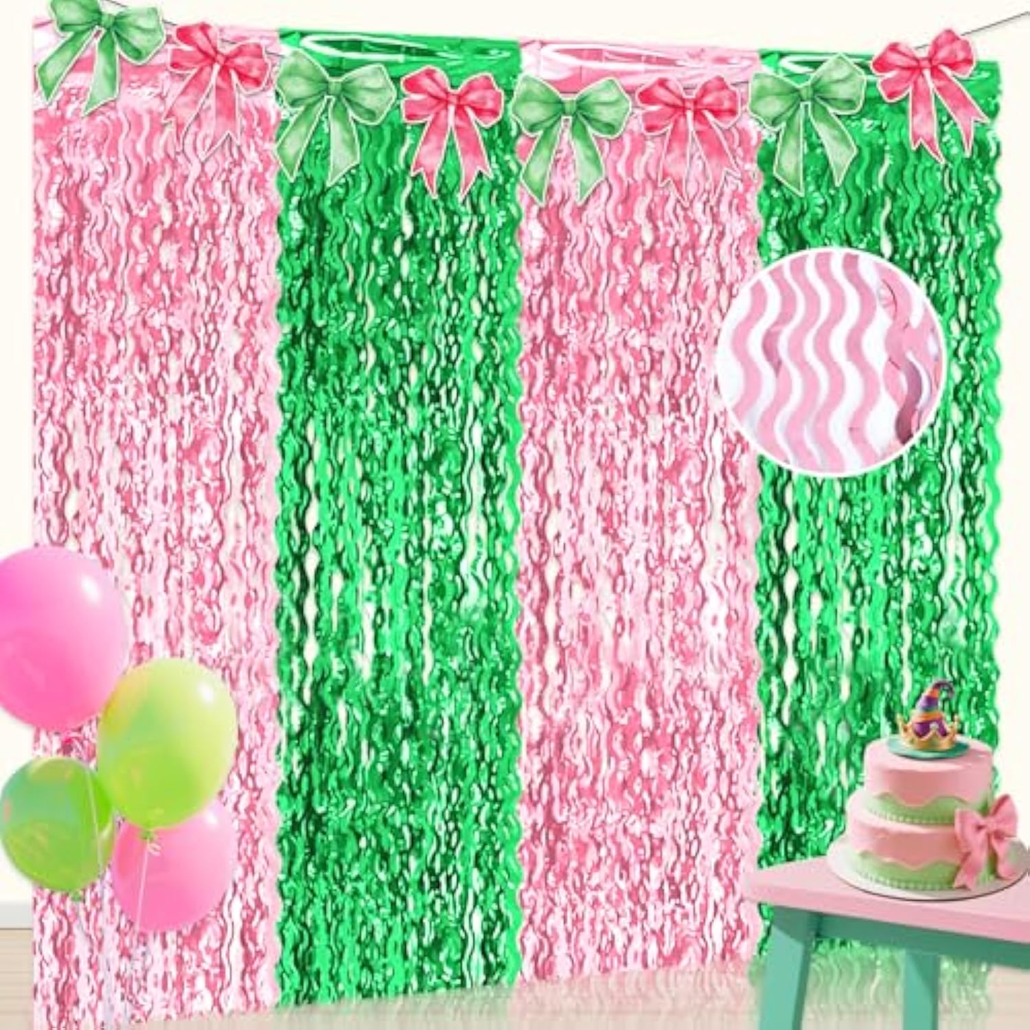 2 Pack Pink Green Foil Fringe Curtains 3.3x6.6 Ft for Birthday Party Decor