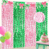 2 Pack Pink Green Foil Fringe Curtains 3.3x6.6 Ft for Birthday Party Decor