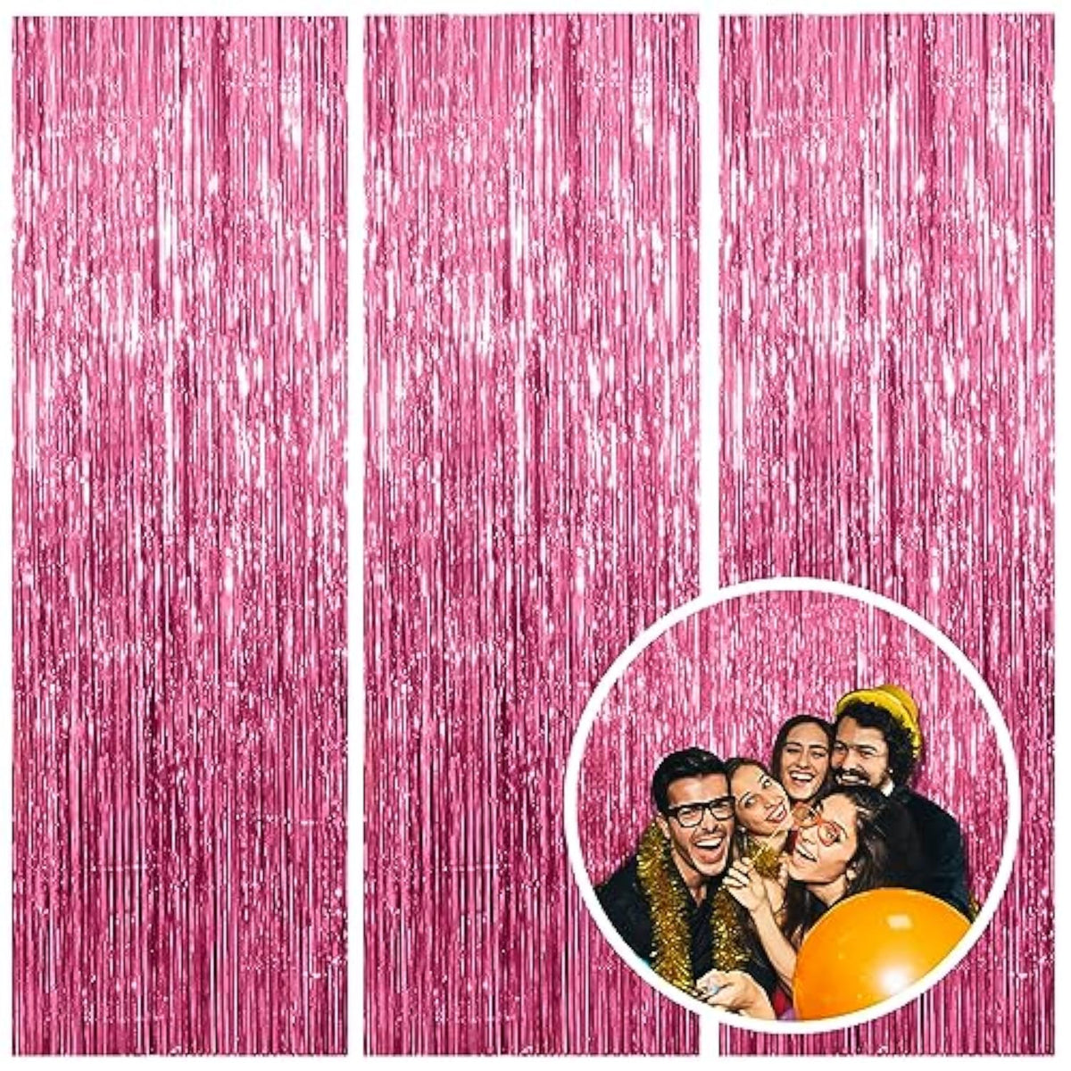 Pink tinsel foil fringe curtain set for birthday and themed party decor
