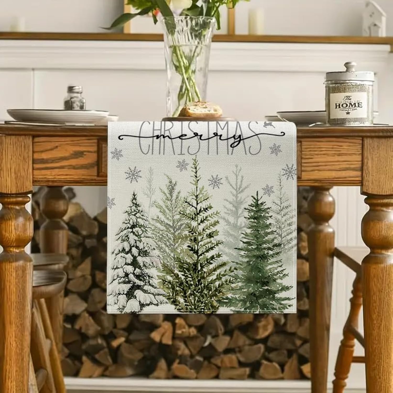 Trees Snowflake Christmas Table Runner Merry Christmas Table Runners Xmas Winter Holiday Kinchen Dining Table Decoration For Home 13X48 Inch